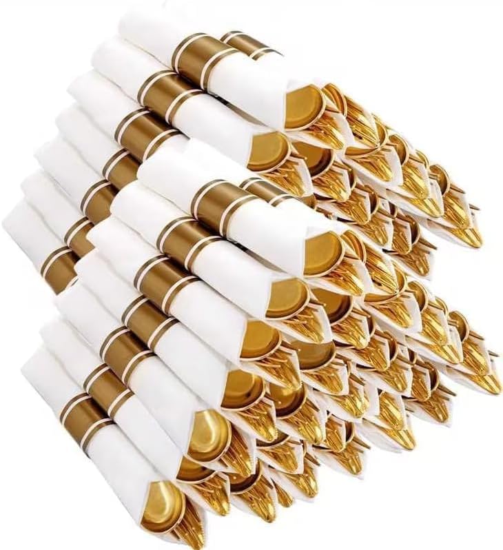400PCS Pre Rolled Gold Plastic Silverware Sets - Heavy Duty Gold Cutlery - Include 100 Pack Wrapped