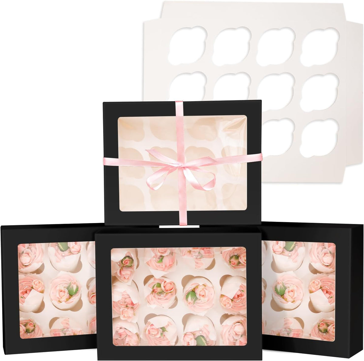 Bakepacker Auto-pop up 12 Cupcake Containers 6-Packs Black Cupcakes Carrier, 12 Cupcake Boxes with