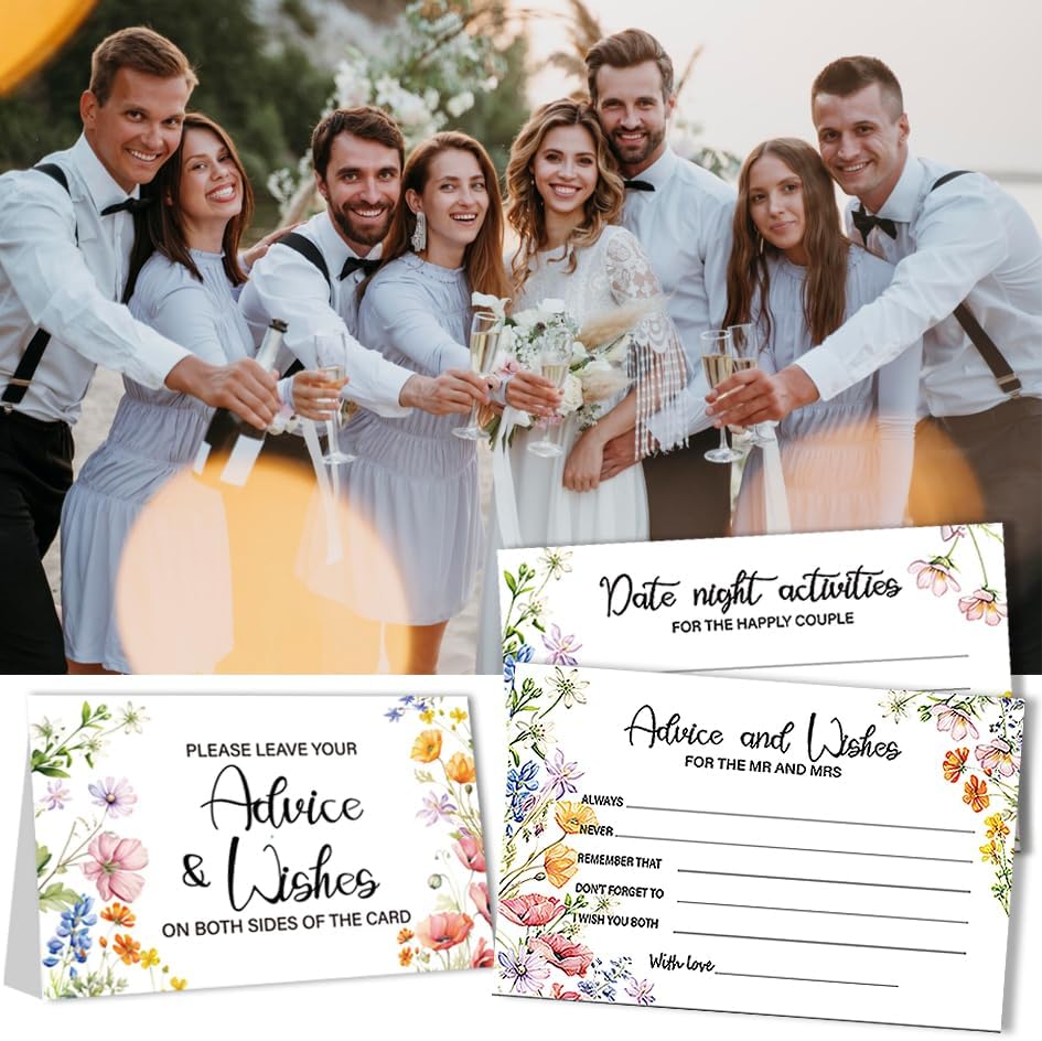 50Pcs Flower Wedding Advice Cards for Bridal Shower Games, Wildflower Advice and Wish Cards Box for