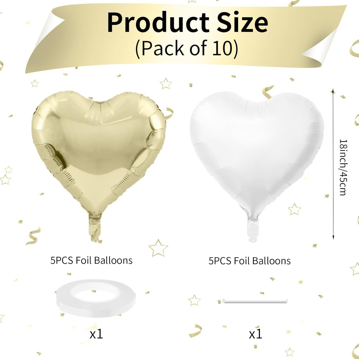 Biapian Pastel Gold Heart Balloons - 10 Pcs, 18 Inch, White Foil, Helium for Valentine's Day