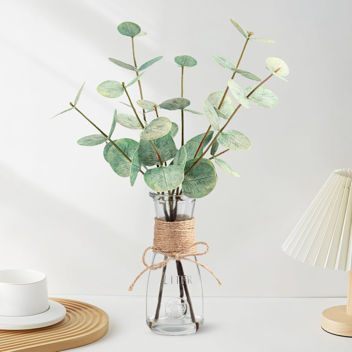 Artificial Eucalyptus Stems in Glass Vase with Faux Water, 15" Small Bathroom Greenery with