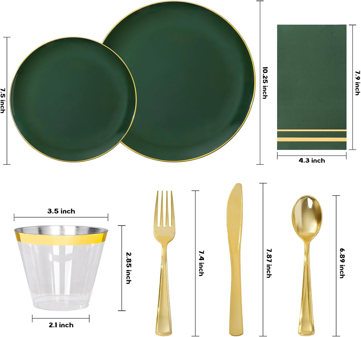 NOCCUR 350PCS Green Plastic Plates - Disposable Green Gold Dinnerware Set for 50 Guests, 100