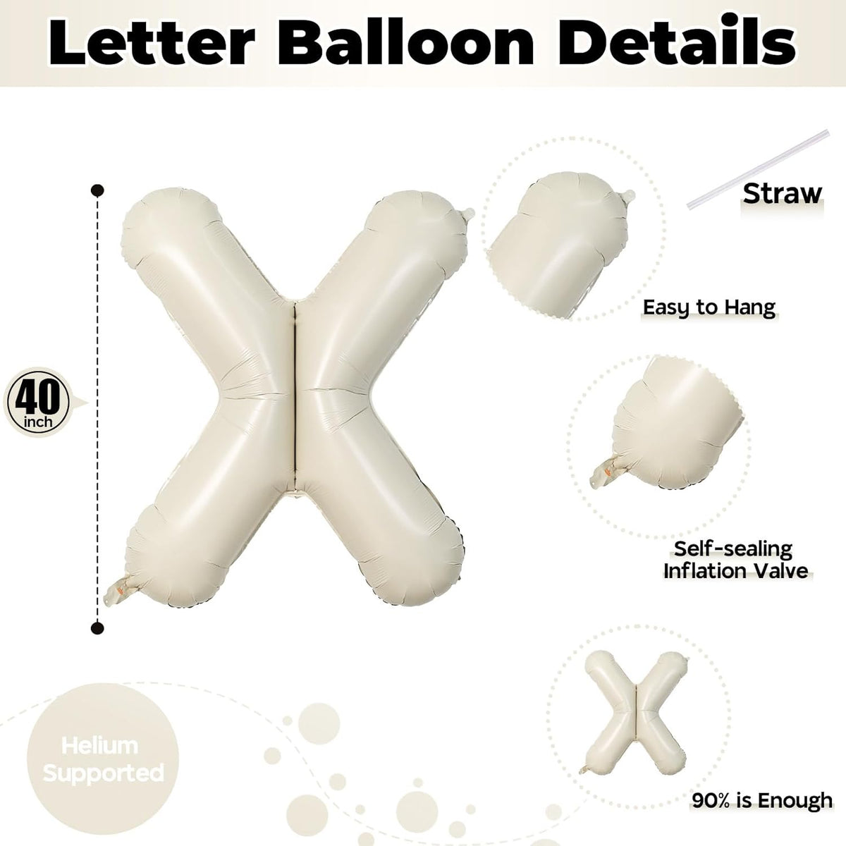 Giant Alphabet X Foil Name Balloons, Cream Ivory White Inflatable Word X Letters for Birthday