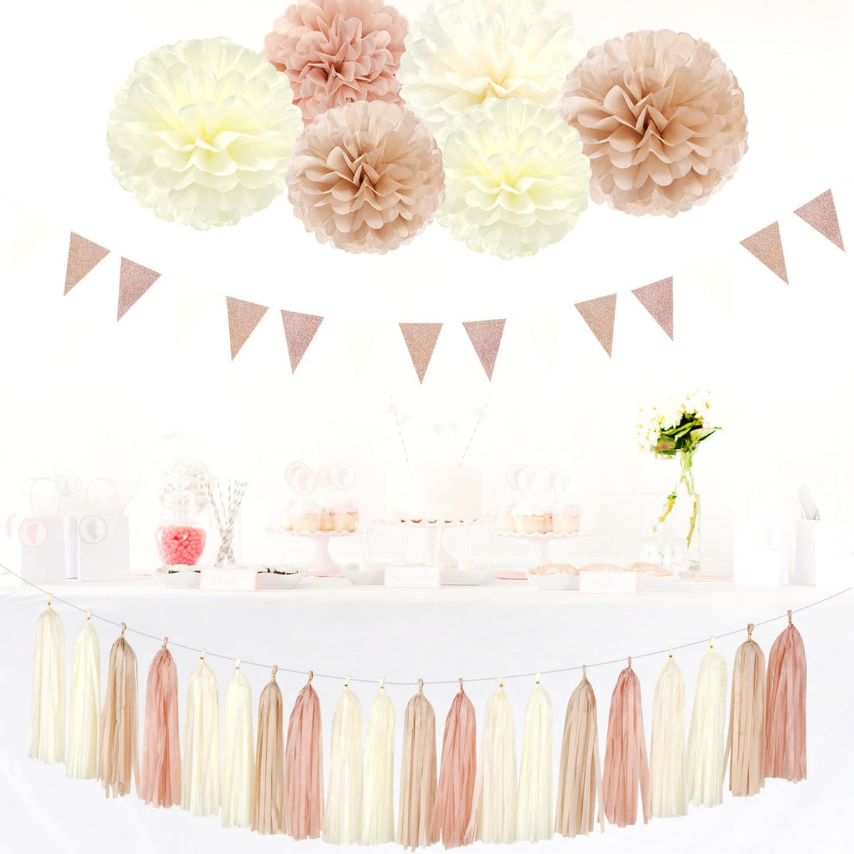 Champagne-Gold Beige Boho Baby-Shower Party-Decorations - 23pcs Fall Rustic Neutral Bridal Wedding