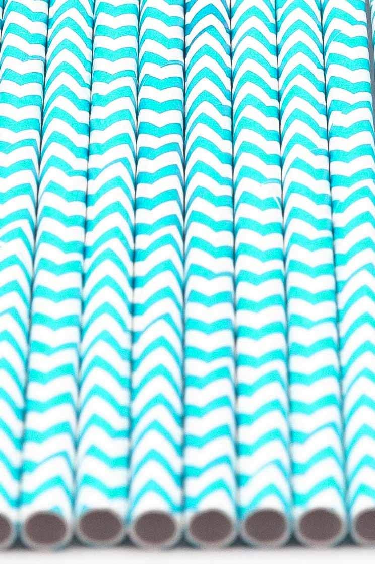 Pack of 150 Turquoise Chevron Biodegradable 4-Ply Paper Drinking Straws (Compostable, Non-toxic