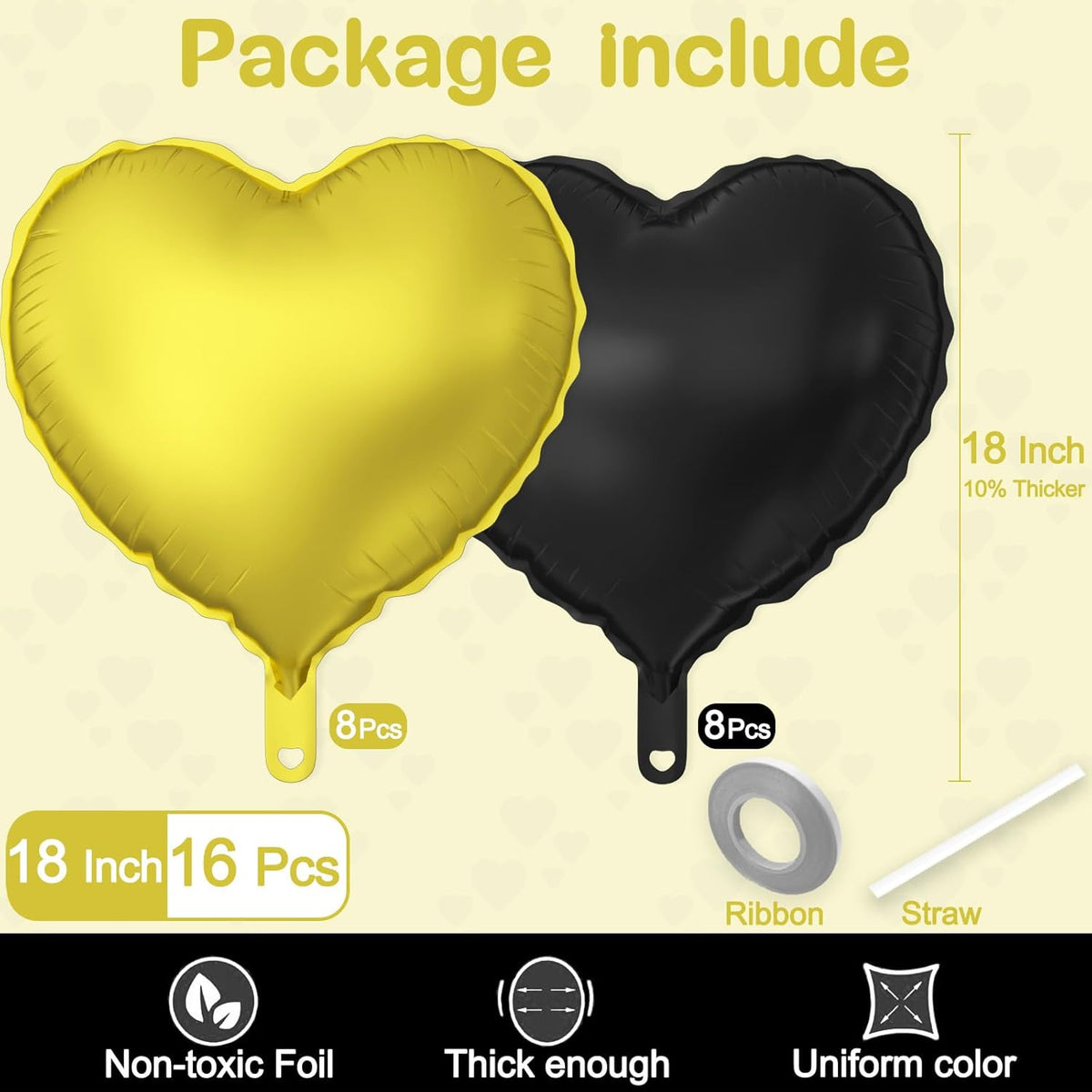 16 Pcs Heart Balloons, 18 Inch Black Gold Love Heart Shaped Foil Balloons for Wedding Anniversary