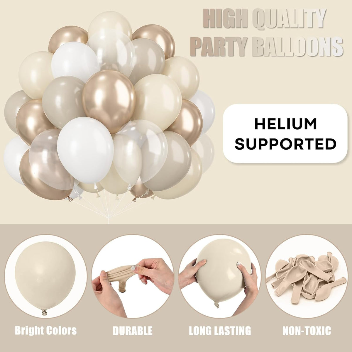 Beige White Gold Balloons, 60PCS Nude Metallic Champagne Gold Cream White Clear Balloon Ivory White