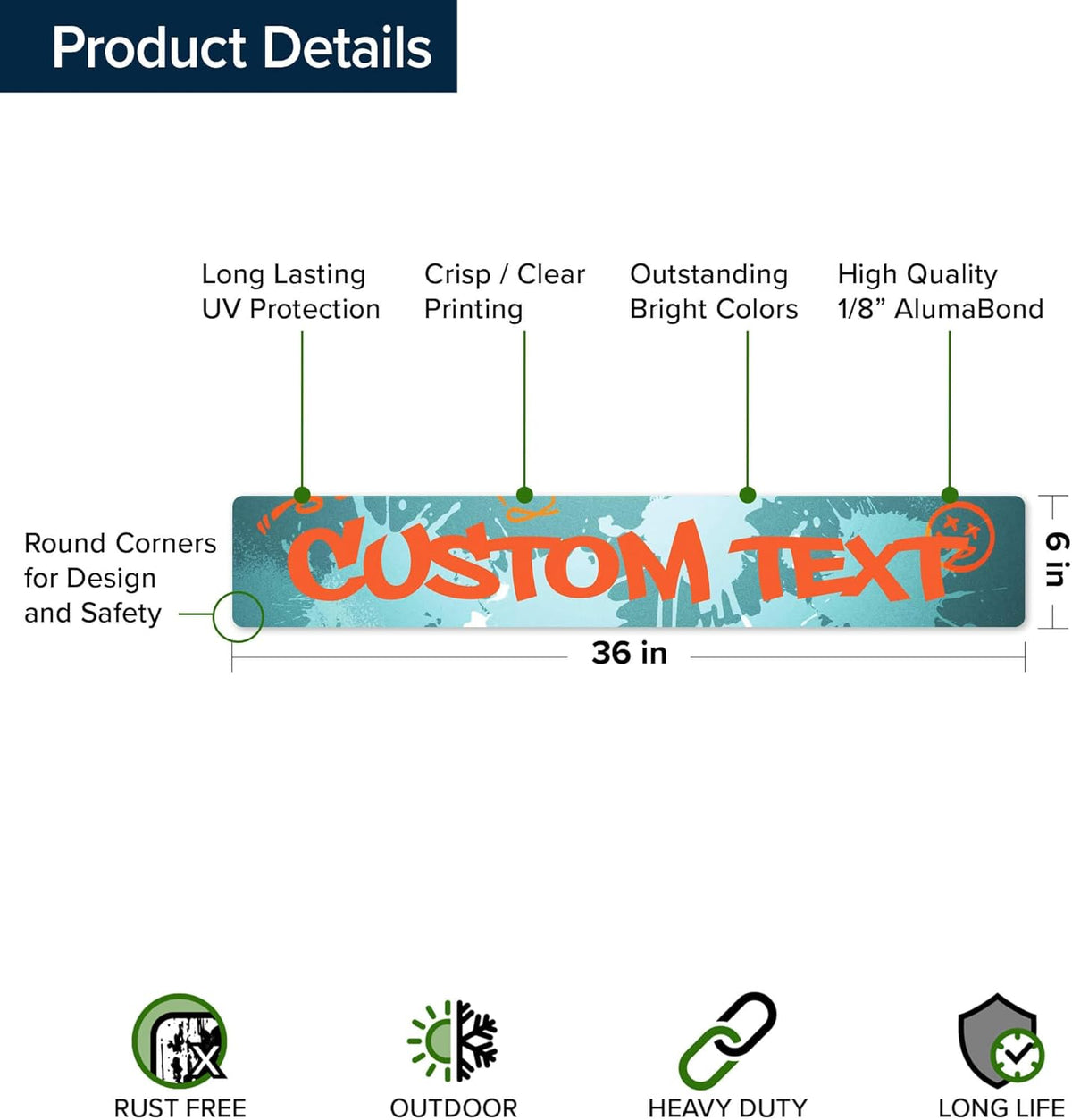 Custom Sign, Custom Street Sign, 11 Font Colors, 13 Font Styles, 4 Hole Options, 22 Sizes, 6x36