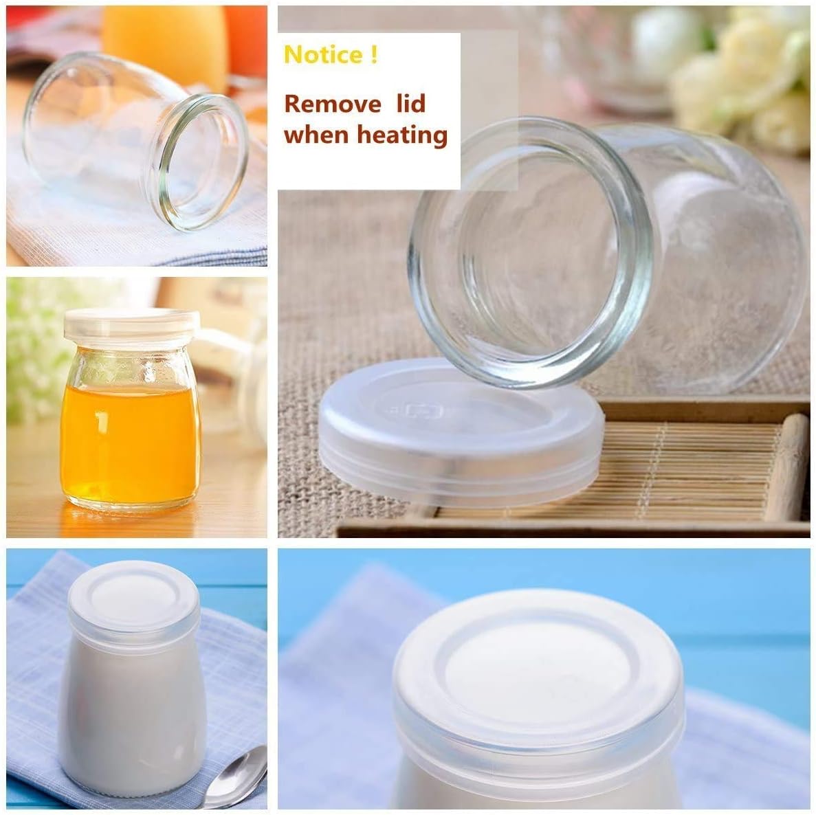 6 Pcs Yogurt Pudding Jars Bottles With Plastic Lids Ideal for Jam, Honey, Wedding Favors, Shower
