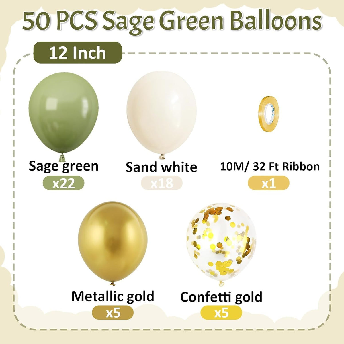 Sage Green and Gold Balloons, 50 PCS Sage Green Party Balloons, 12 Inch Metallic Gold Confetti