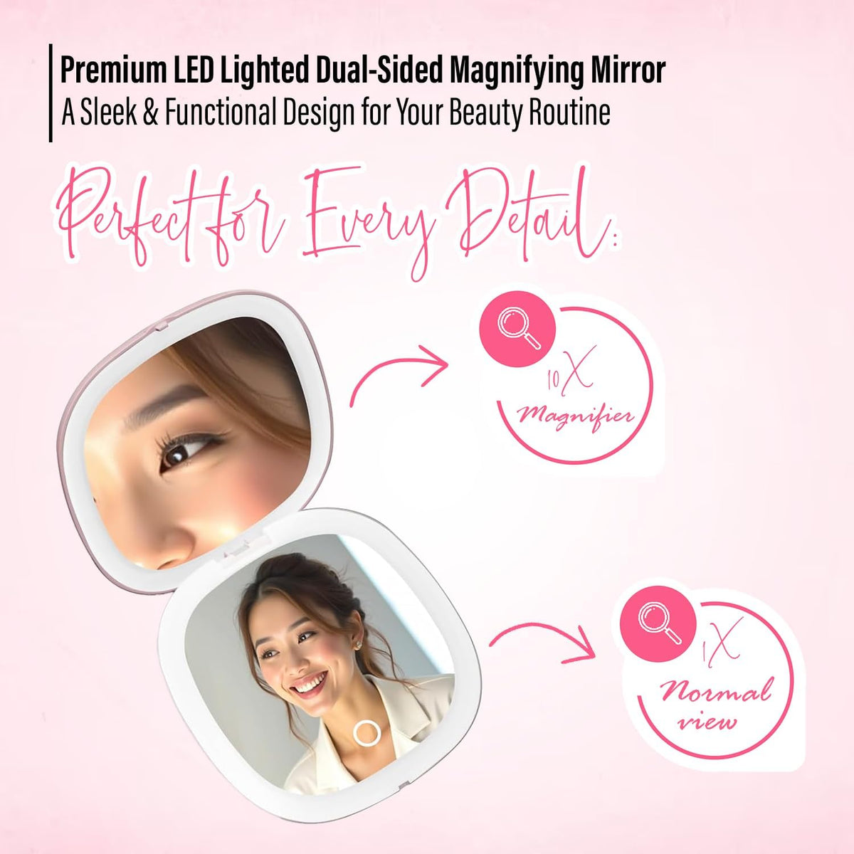 LED Compact Mirror – 1x & 10x Magnification | Travel Makeup Mirror with Adjustable Lighting |
