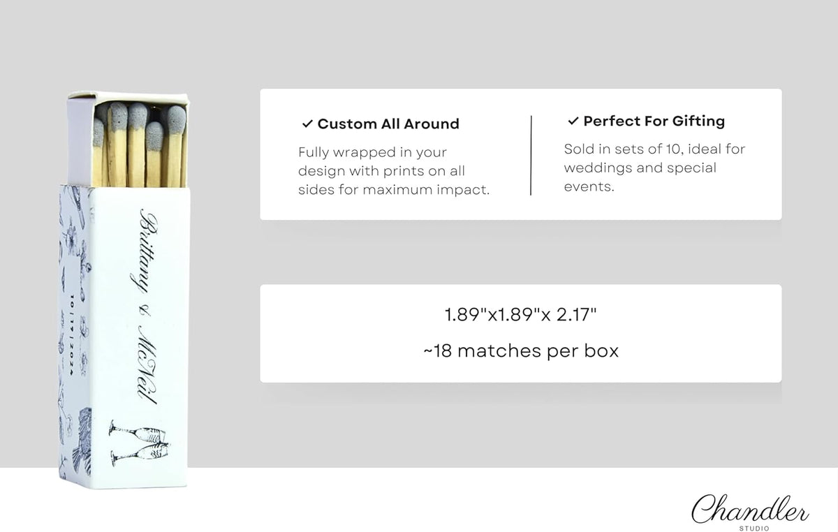 Custom Matchboxes - Set of 10 - Personalized - 2" Inch Long - Colorful Matchsticks - Weddings