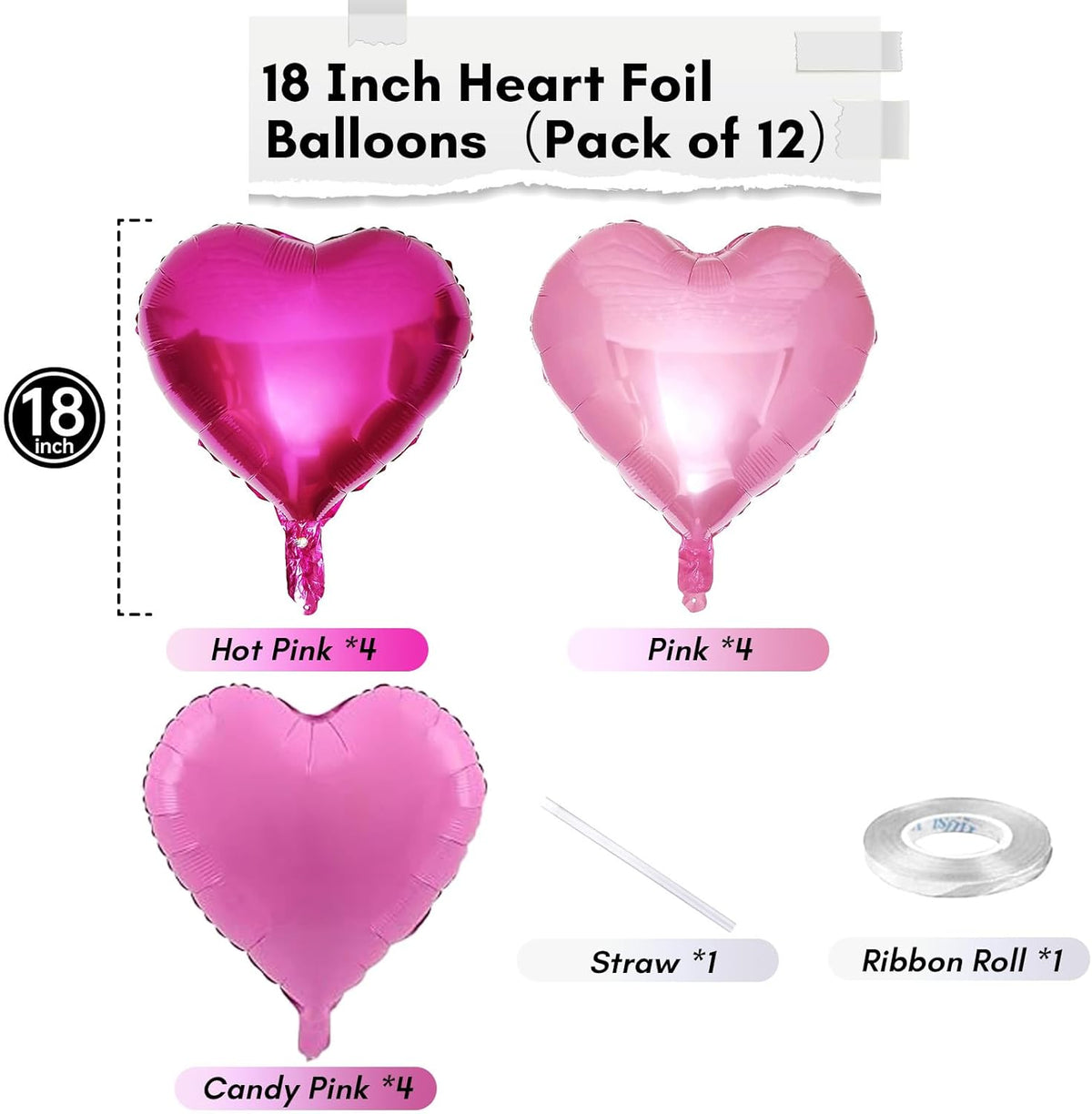 Pink Mixed Heart Balloons, 18 Inch 12 Pcs Hot Pink Foil Heart Shape Balloons, Light Candy Color