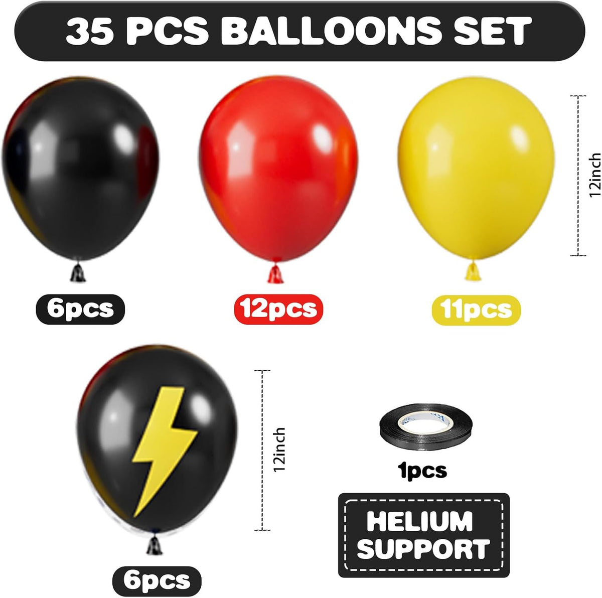 Red Yellow and Black Balloons, 12 Inch Lightning Print Balloons, Yellow Red Black Lightning Printed