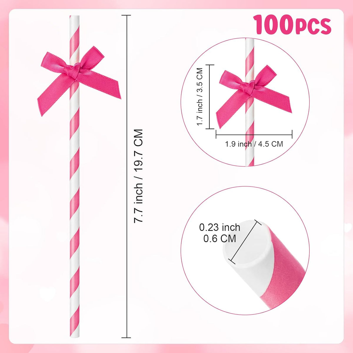 100 Pcs Rose Red Paper Straws for Drinking, Bow Disposable Striped Paper Straws Bulk Rose Red Theme