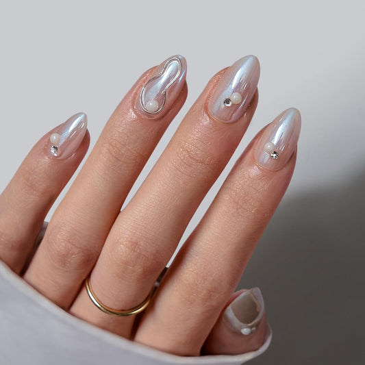 BTArtbox Press On Nails Short - Pearl Accents Chrome Almond Press On Nails with Glue for Women