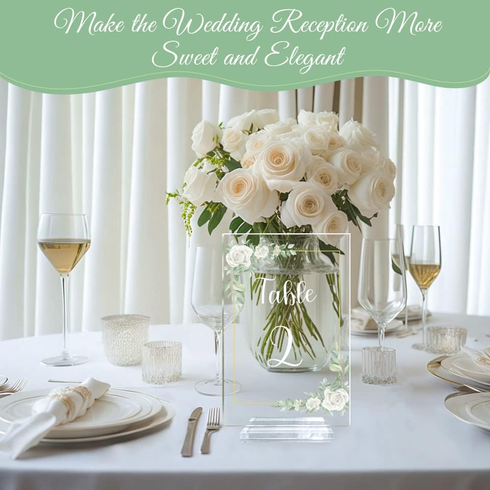 OurWarm White Rose Acrylic Wedding Table Numbers 1-20, 4x6 Inch Printed Calligraphy Table Number