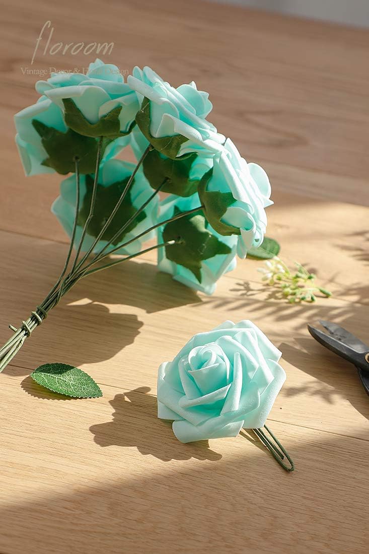 Floroom Artificial Flowers 25pcs Real Looking Robin's Egg Blue Foam Fake Roses with Stems for DIY