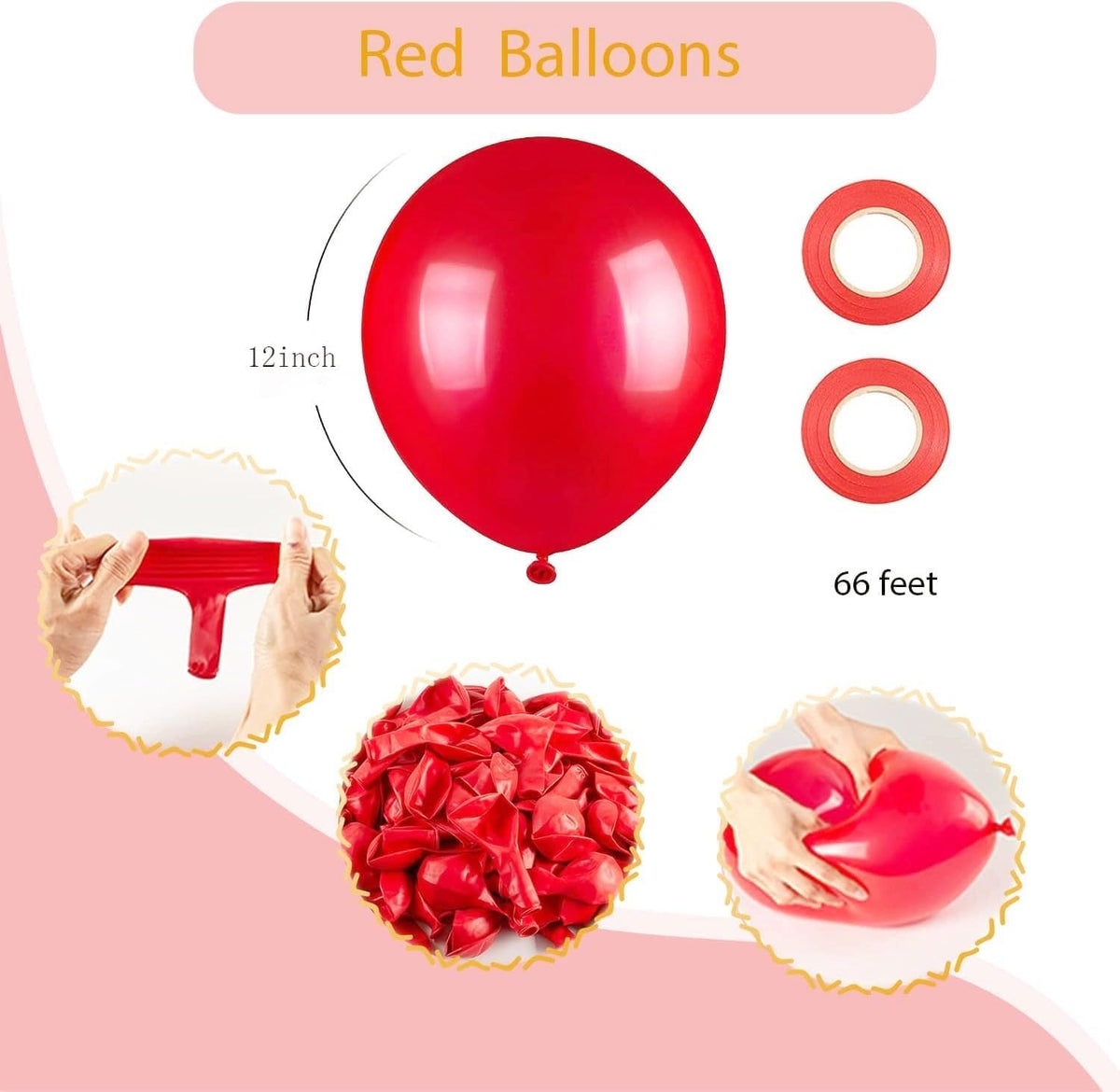 100pcs Red Balloons, Helium Quality 12 inch Red Latex Party Balloon for Birthday, Anniversary