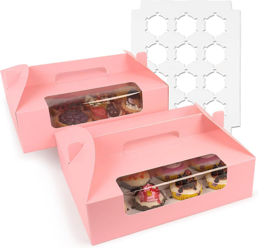 30 Pcs Cupcake Boxes, 12 Count Muffin Boxes with Handle, Window, and Inserts, Pink Cupcake Holders