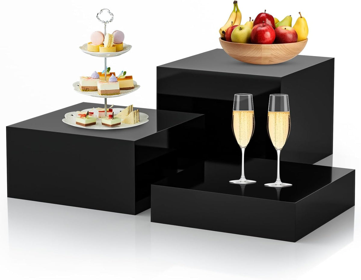 3Pcs Black Buffet Risers Acrylic Boxes Display Food Risers for Buffet Table Platter Parties