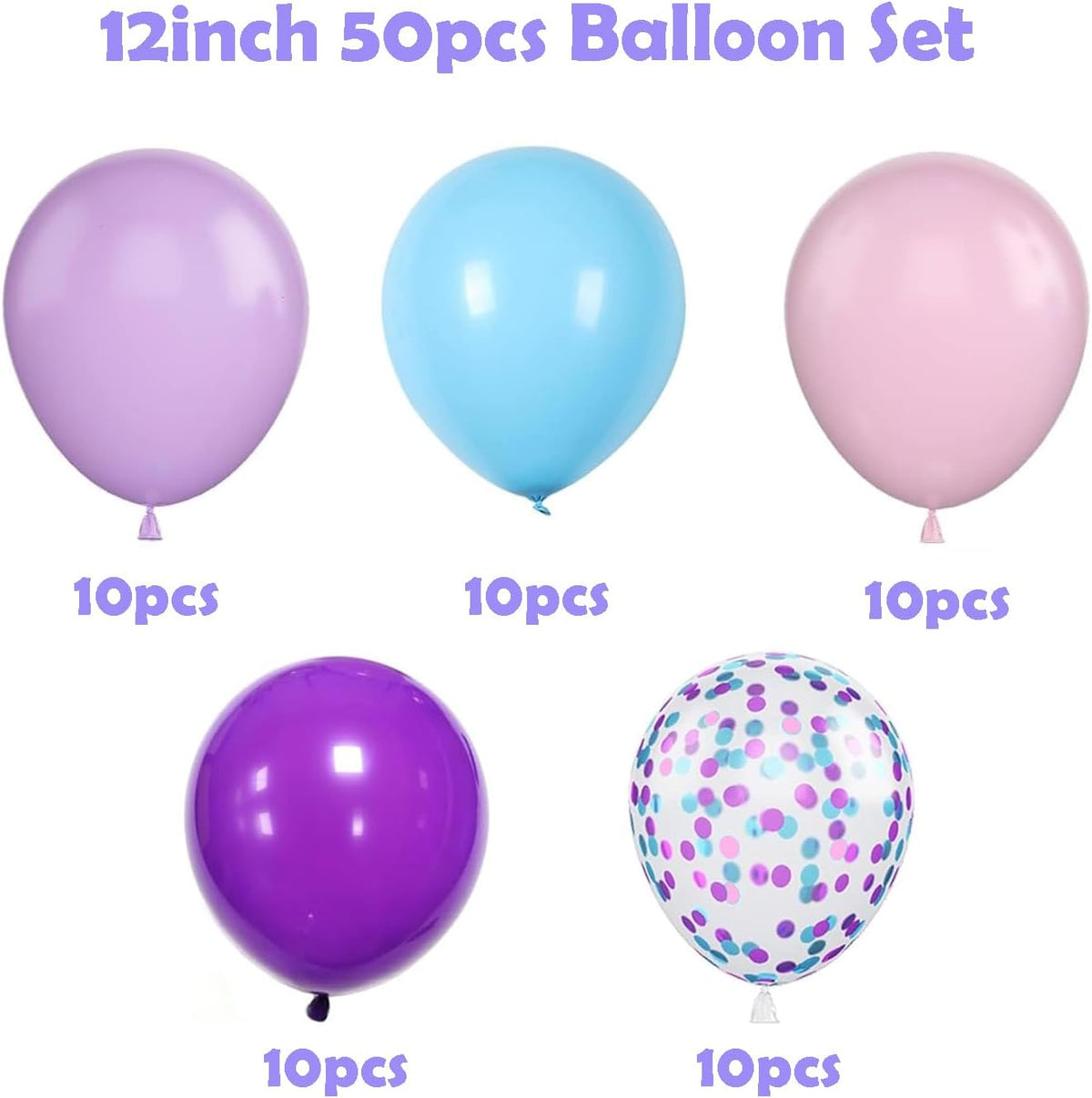 ZOOYOO 50pcs Balloons 12 Inch Pastel Purple Pink Blue Confetti Balloons for Girls Birthday Parties