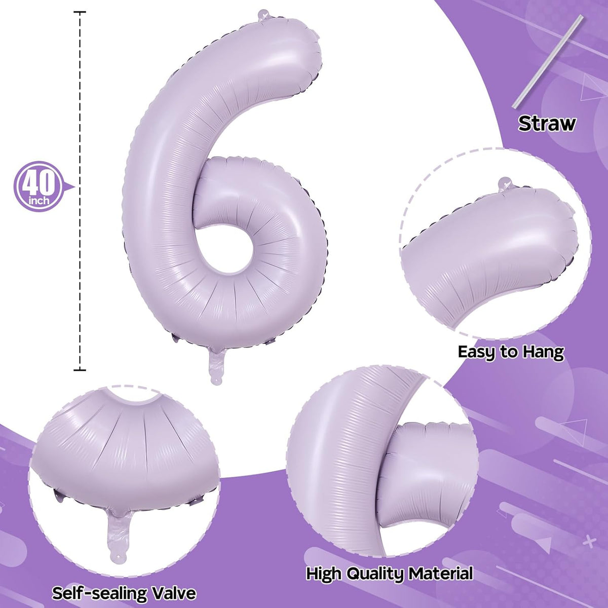 Light Purple 16 Balloon Numbers, 40 Inch Large Pastel Purple Foil Number 1 & 6 Balloons for Women