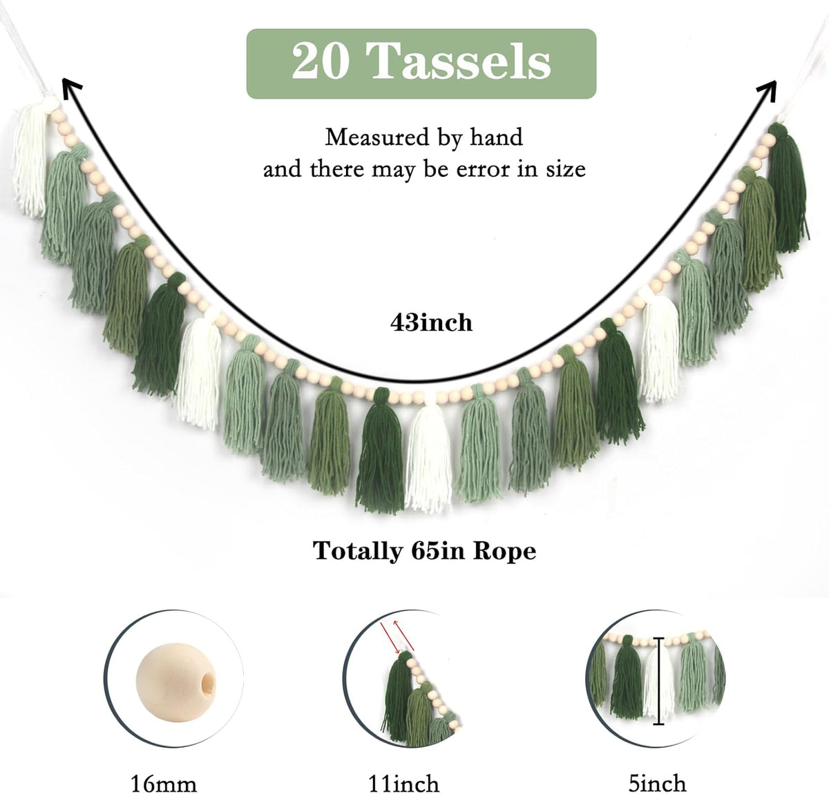 Green Boho Yarn Tassel Garland Sage Green Garland Wall Hanging Decor Forest Woodland Tassel Banner