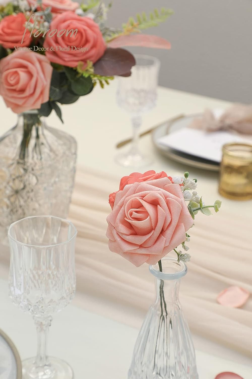 Floroom Artificial Flowers 50pcs Real Looking Mixed Living Coral Foam Fake Roses with Stems for DIY