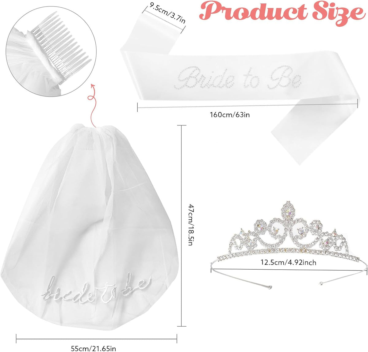 3PCS Bride Decorations Set – Satin Bride Sash, White Veil with Embroidered Letters, Silver Tiara