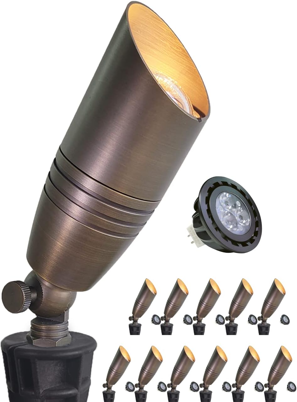 MALORY Brass Landscape Spotlights 12-Pack with Bulb Kit(S02), Low Voltage 12V AC/DC LED Outdoor