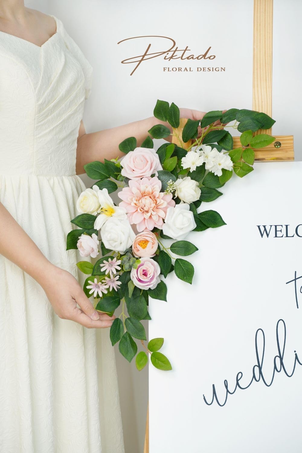 Wedding Decor (Pack of 2) Welcome Sign Flower Backdrop Garland for Ceremony Reception Wall Easel
