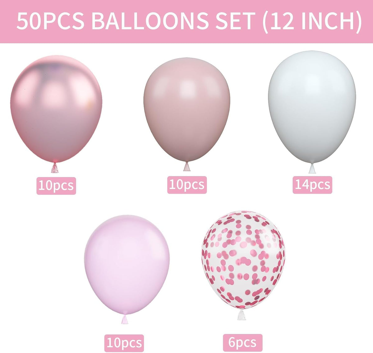 Biapian Pink & White Metallic Chrome Confetti Latex Balloons - 12 Inch Ribbon Party Balloons Set