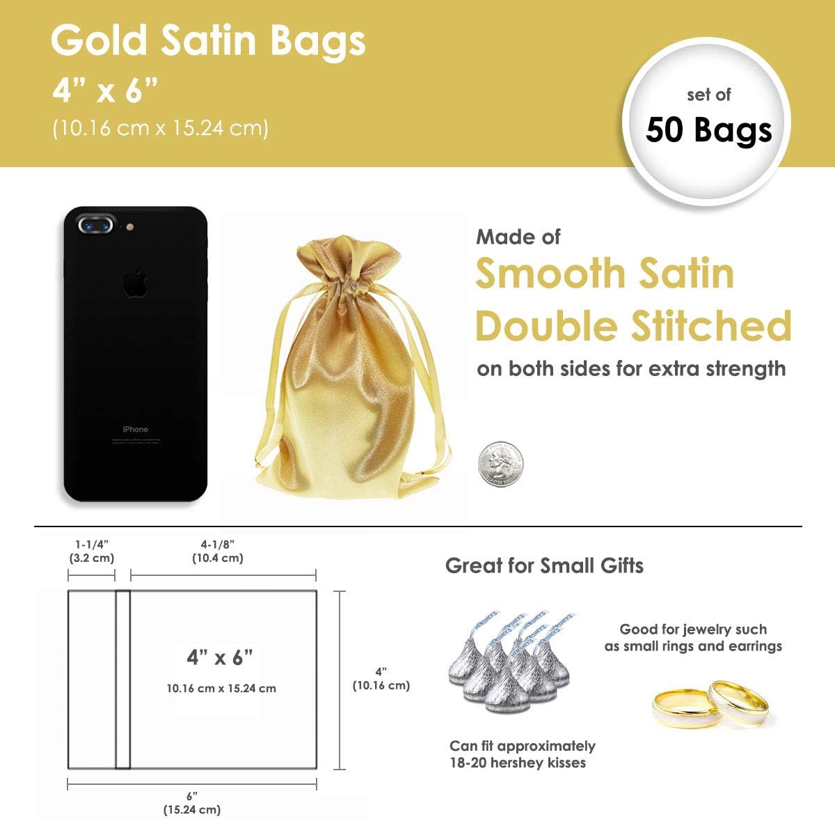 4" x 6" Gold Satin Gift Bags, Jewelry Bags, Wedding Favor Drawstring Baby Shower Christmas 50 per