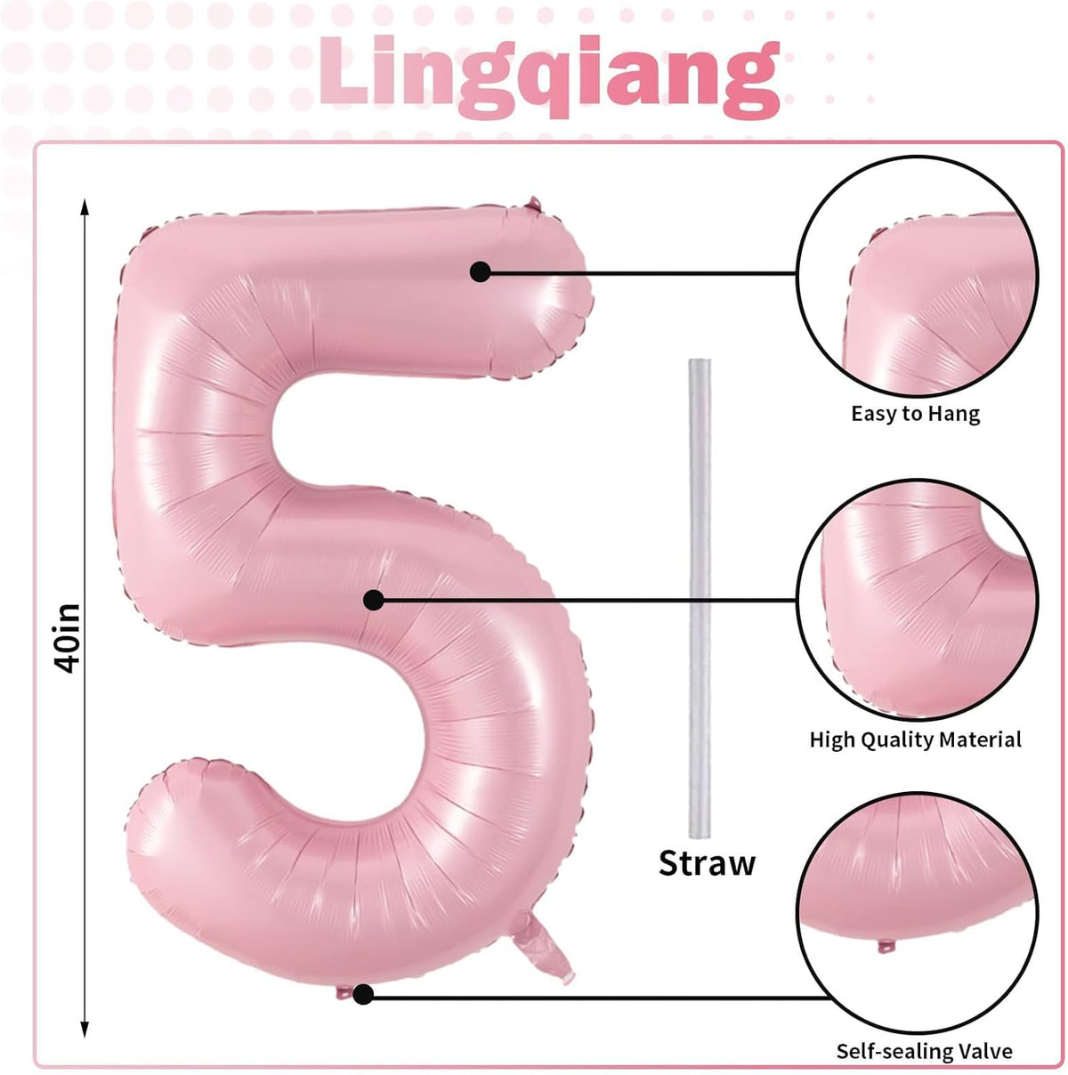 Light Pink Balloon Number 5, 40 Inch Large Self Inflating Foil Number Balloons 0-9, Pastel Pink
