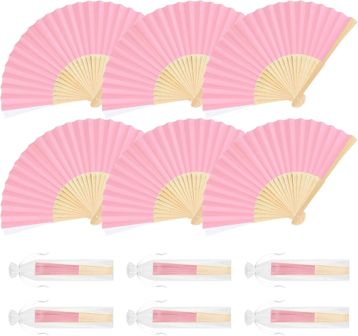 6 Pieces Pink Hand Held Bamboo Folding Fans Foldable Paper Fans Handheld for Women Girls Wedding