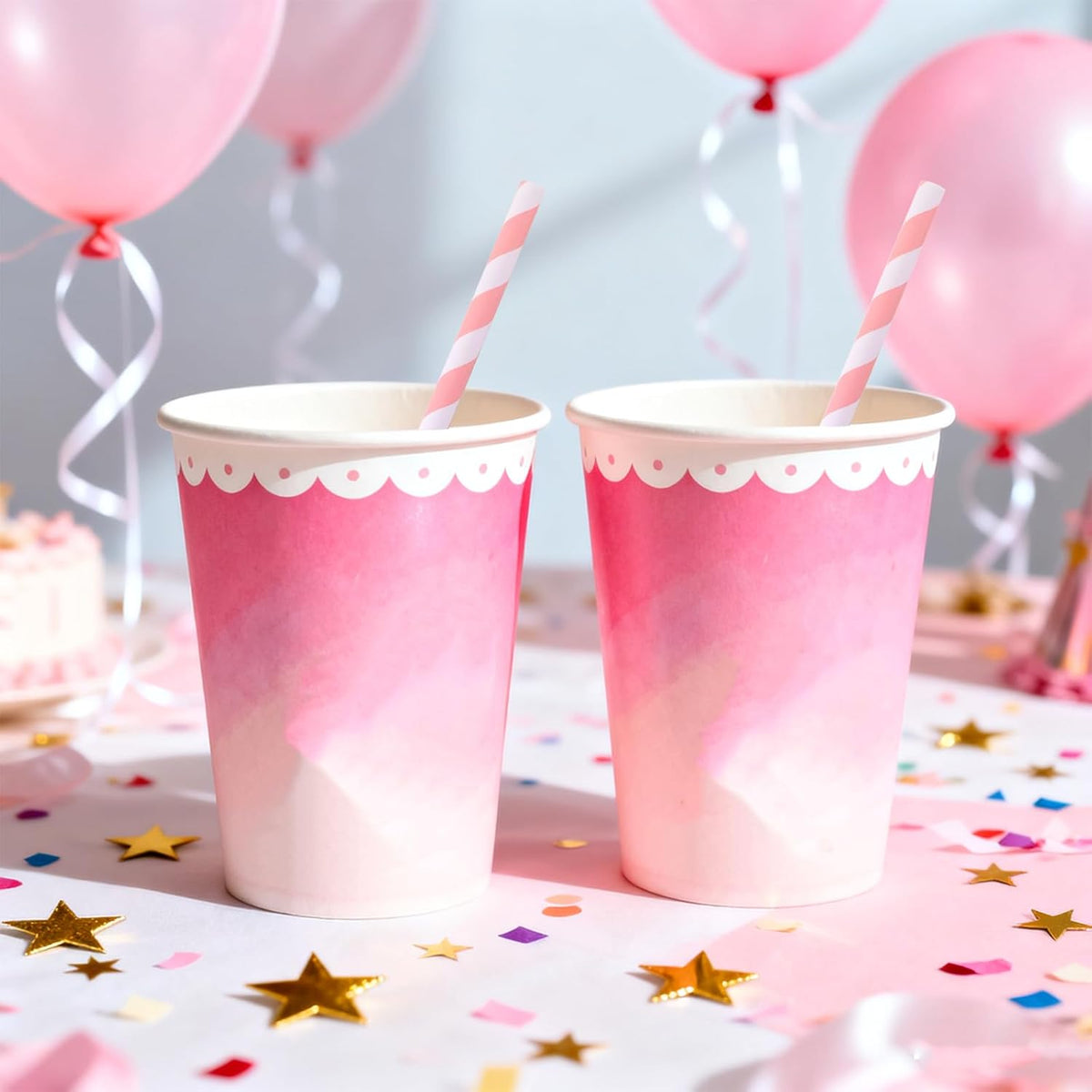 Disposable Pink Paper Straws - 7.75 inch Cute Pink White Striped Drinking Straws 100 Counts for