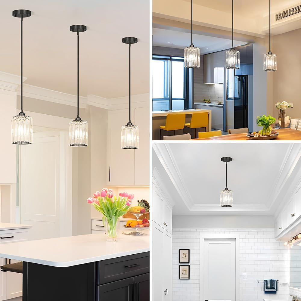 Black Kitchen Pendant Lights Over Island with Adjustable Rods - Crystal Pendant Lighting Fixtures
