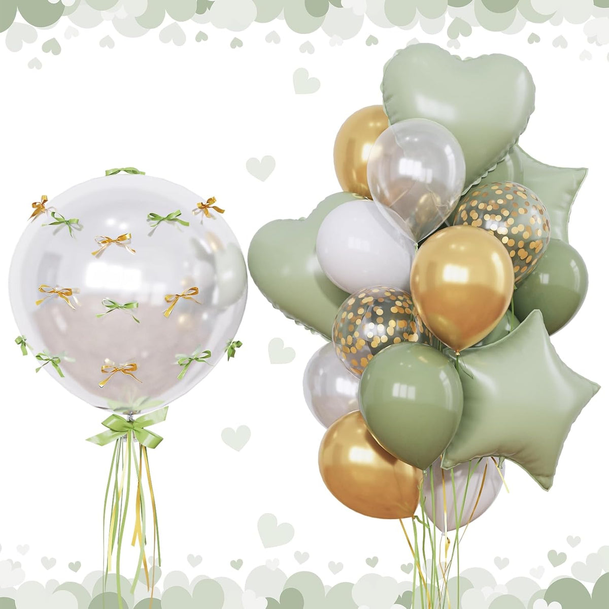 Sage Green and Gold Balloons Heart Star Balloon as Retro Olive Sage Green Baby Shower Decorations