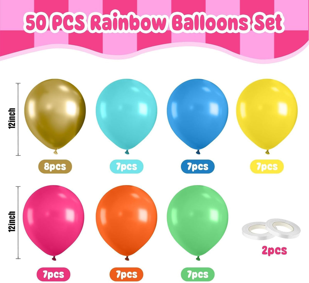 Paready Colorful Balloons Set, 50 Pcs Rainbow Metallic Gold Balloon, 12 Inch Teal Blue and Orange