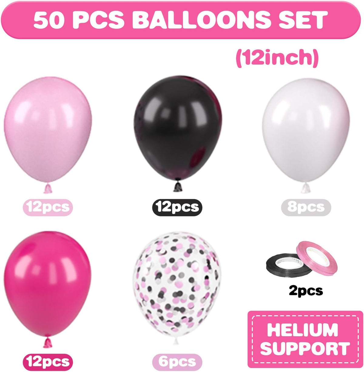 Pink and Black Balloons, 12 Inch Pink Black Balloons, Hot Pink White Pastel Confetti Latex Balloon