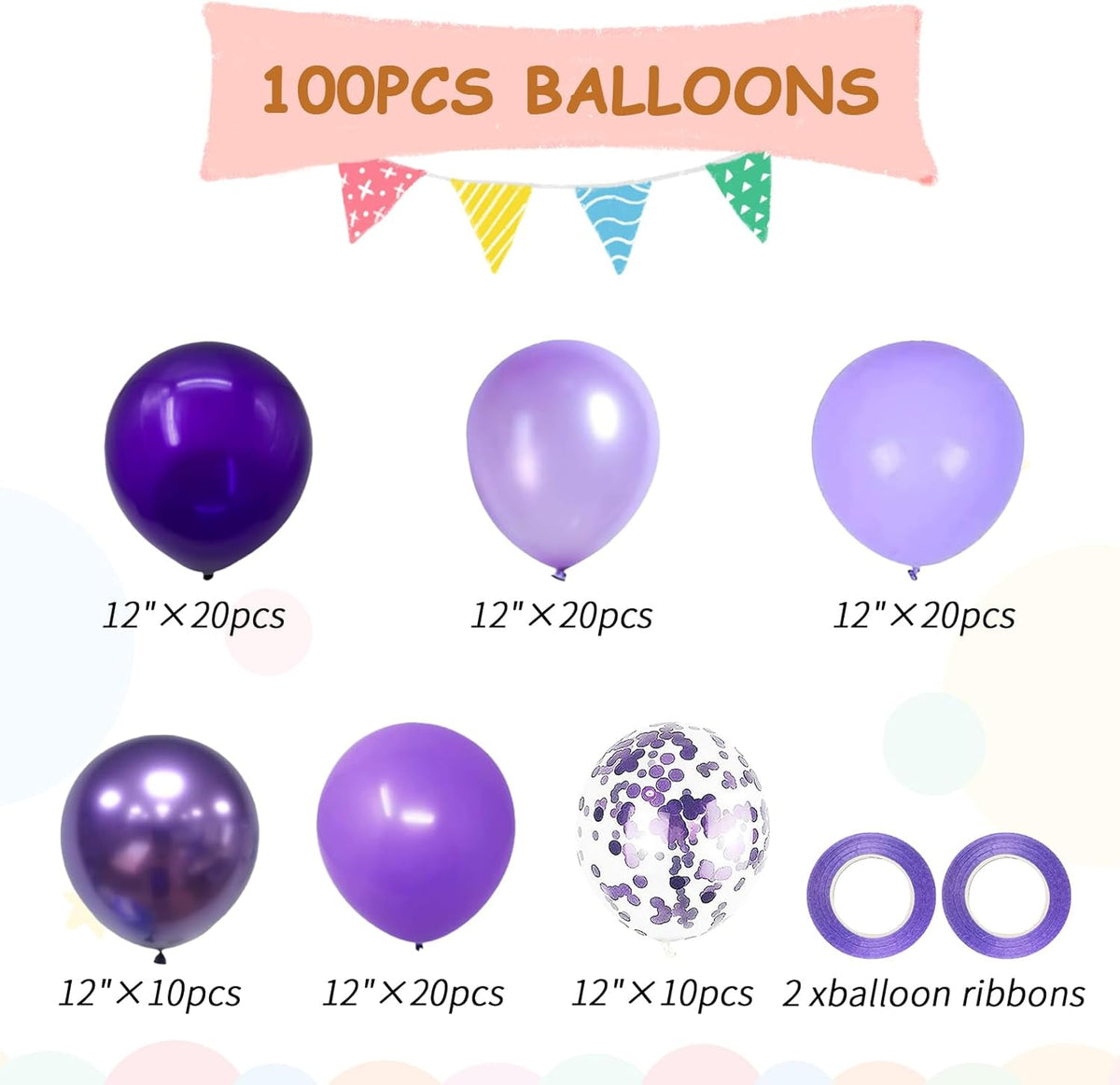 100pcs Purple Balloons - 12inch Metallic Chrome & Lavender Lilac Balloons with Confetti for