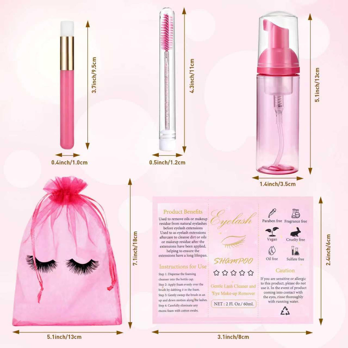 50 Pcs Lash Shampoo Bottle Brushes Set 10 Empty Foam Pump Dispensers 10 Label Stickers 10 Mascara