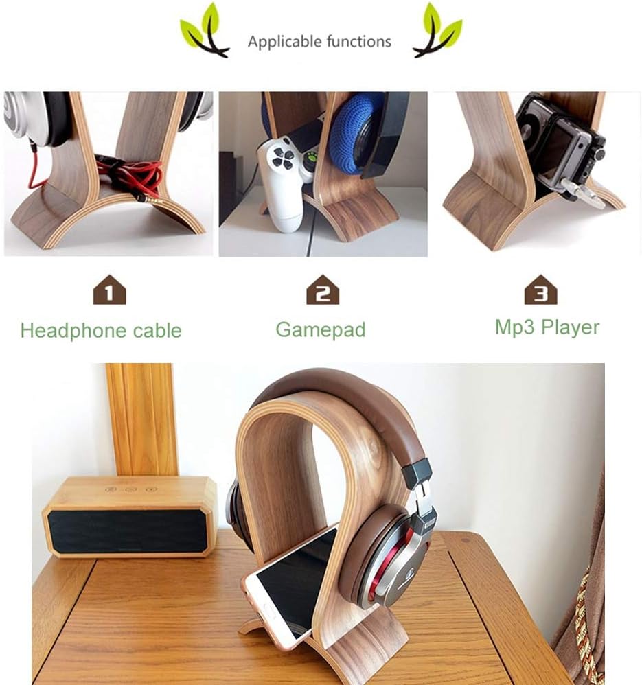 Headphone Stand Wood, Headset Stand for Desk, Walnut Gaming Headphone Holder Compatible for
