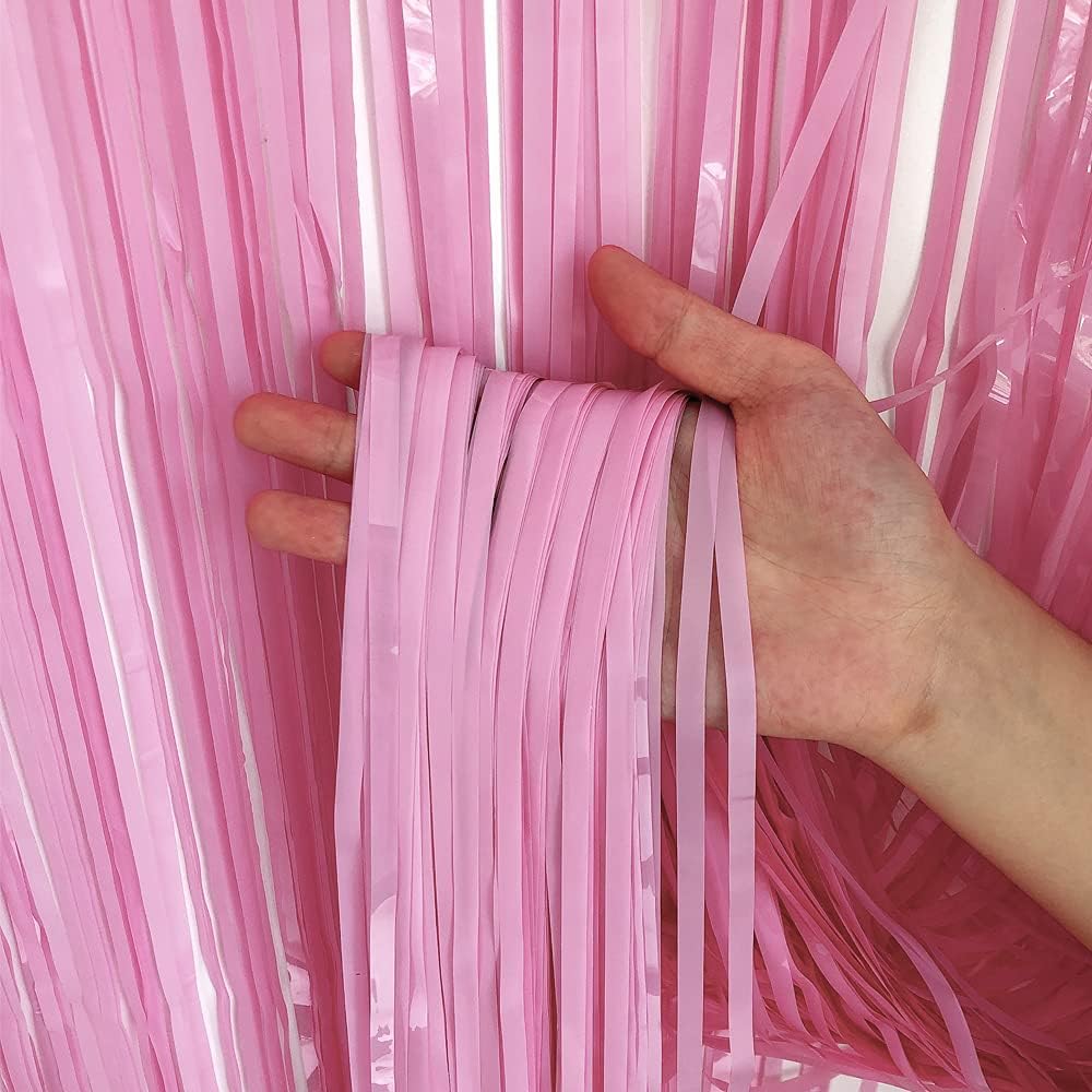 BEISHIDA 2 Pack Pink Tinsel Foil Fringe Curtains Light Macaron Metallic Curtain Photo Backdrop for
