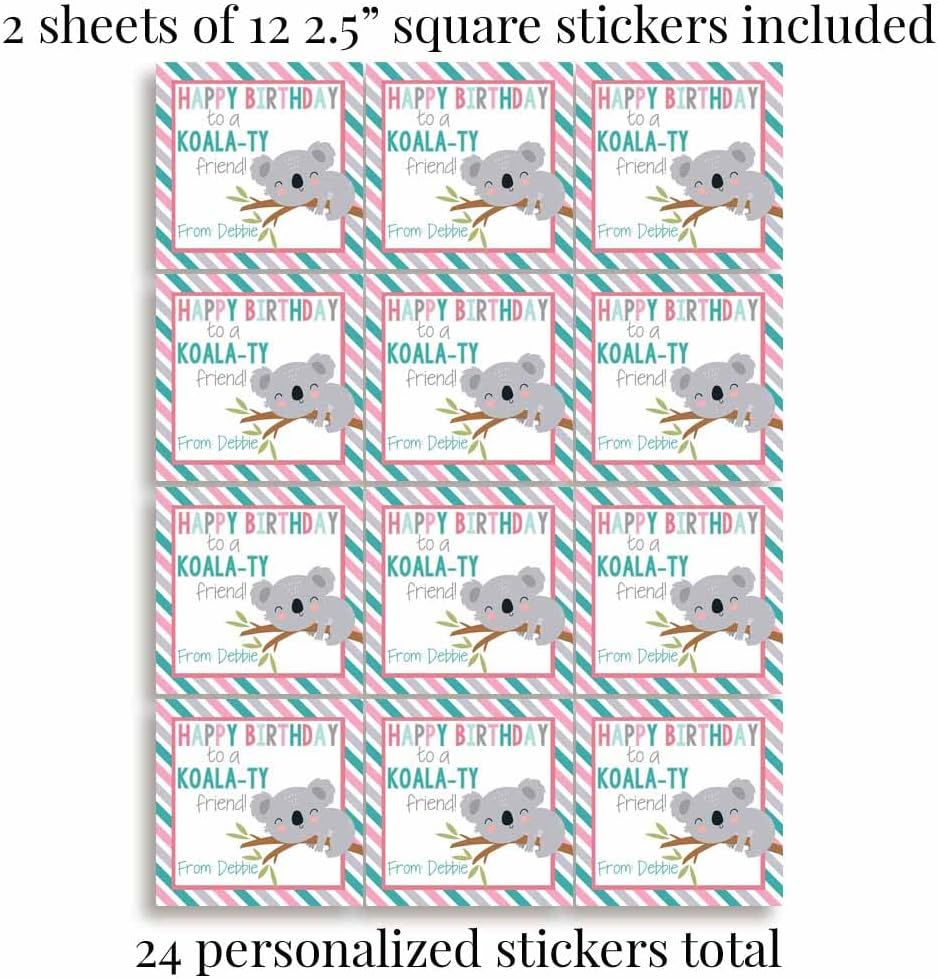 Custom & Personalized Cute Koala Happy Birthday Gift Tag Sticker Labels, 24 2.5" Square Stickers by