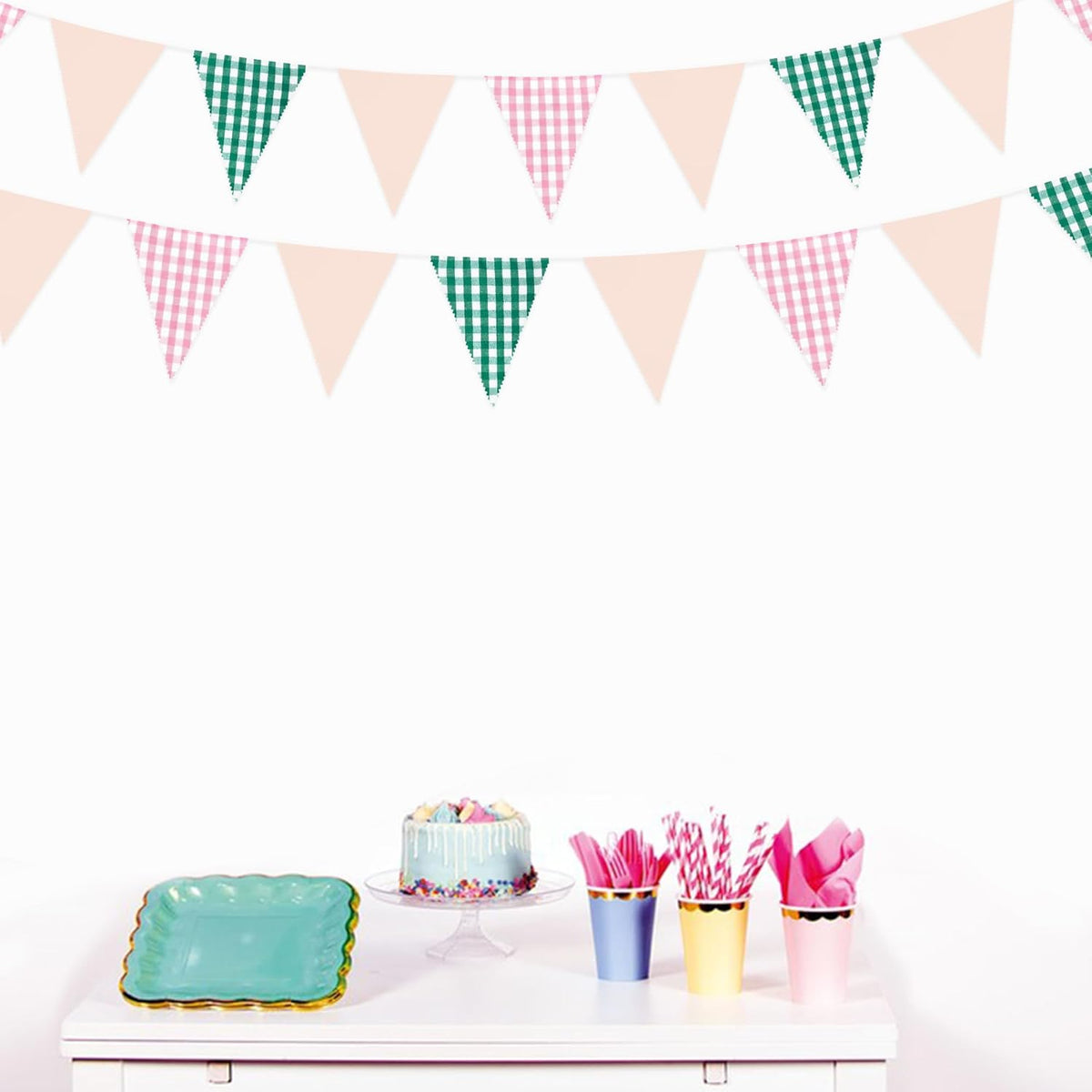 32Ft Pink Green Gingham Camp Bride Banner Green Pink Plaid Checkered Fabric Triangle Flag Pennant