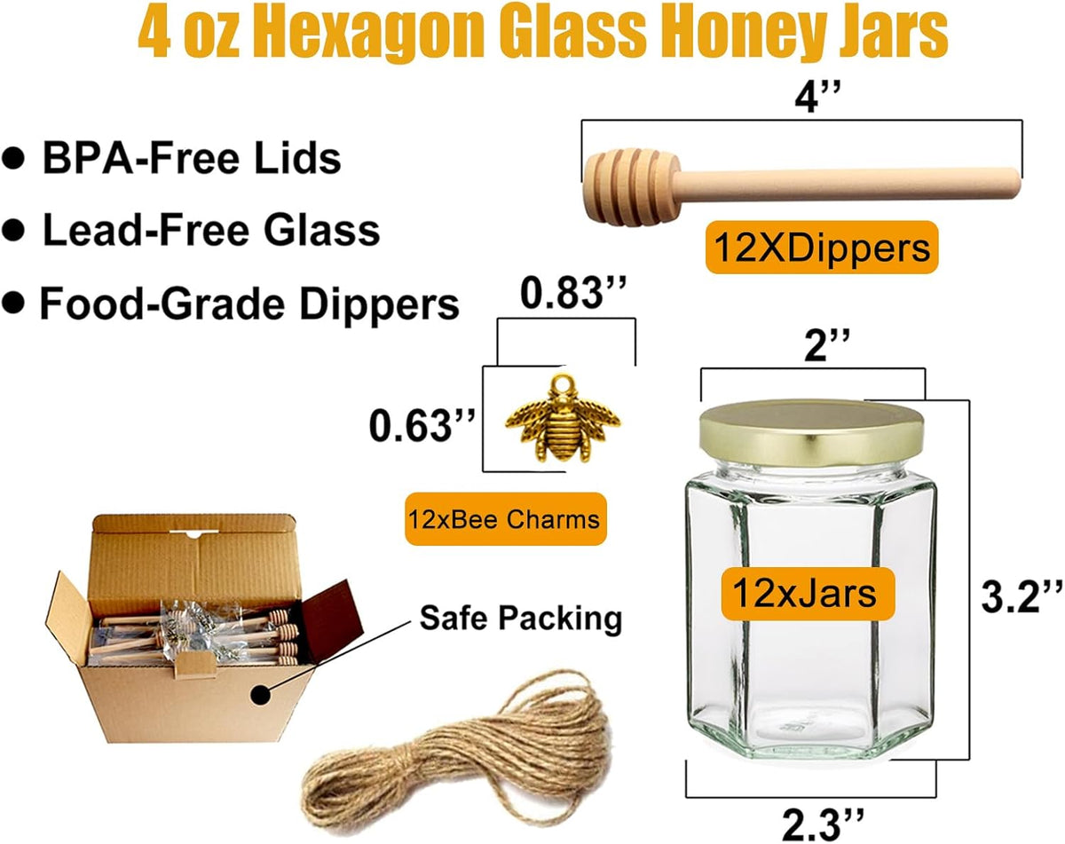 Adabocute 4oz Hexagonal Honey Jars - Glass Honey Jars with Gold Lids, Wooden Dippers, Bee Charms