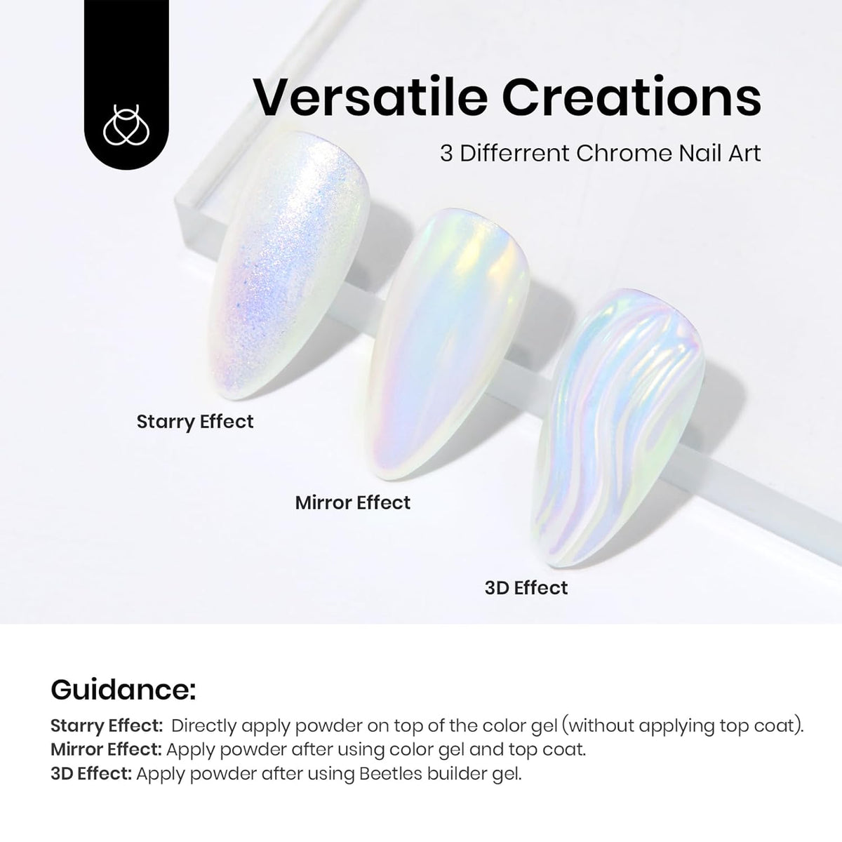 Beetles Chrome Nail Powder Metallic Mirror Effect, Holographic Aurora Mermaid Pearl Glitter, Chrome