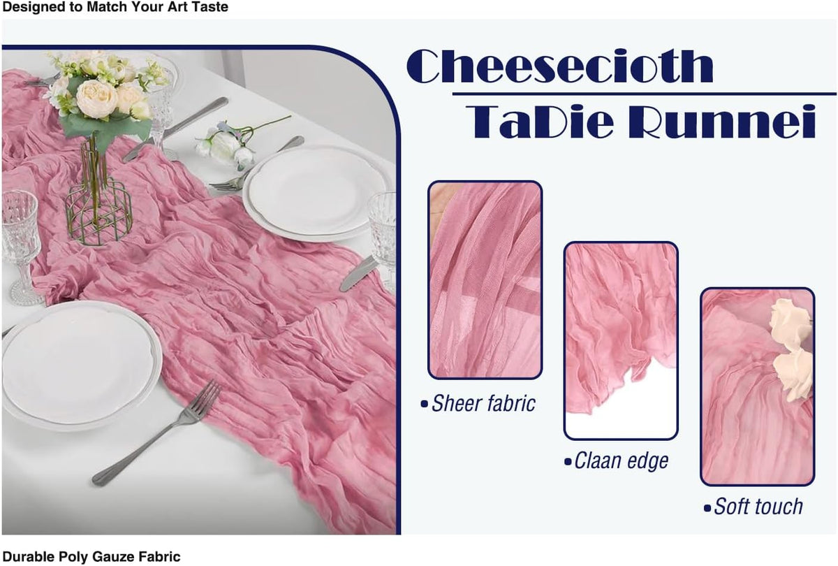 6 Pack Dusty Rose Cheesecloth Table Runner 20x120 Inch Boho Wrinkled Sheer Romantic Gauze Decor for